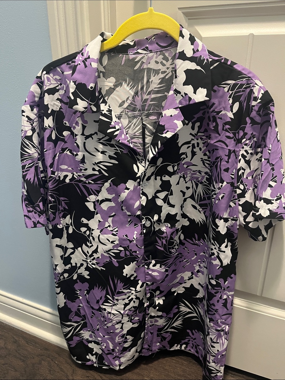 SHEIN Black, White & Purple Short Sleeve Floral Button-Down Shirt